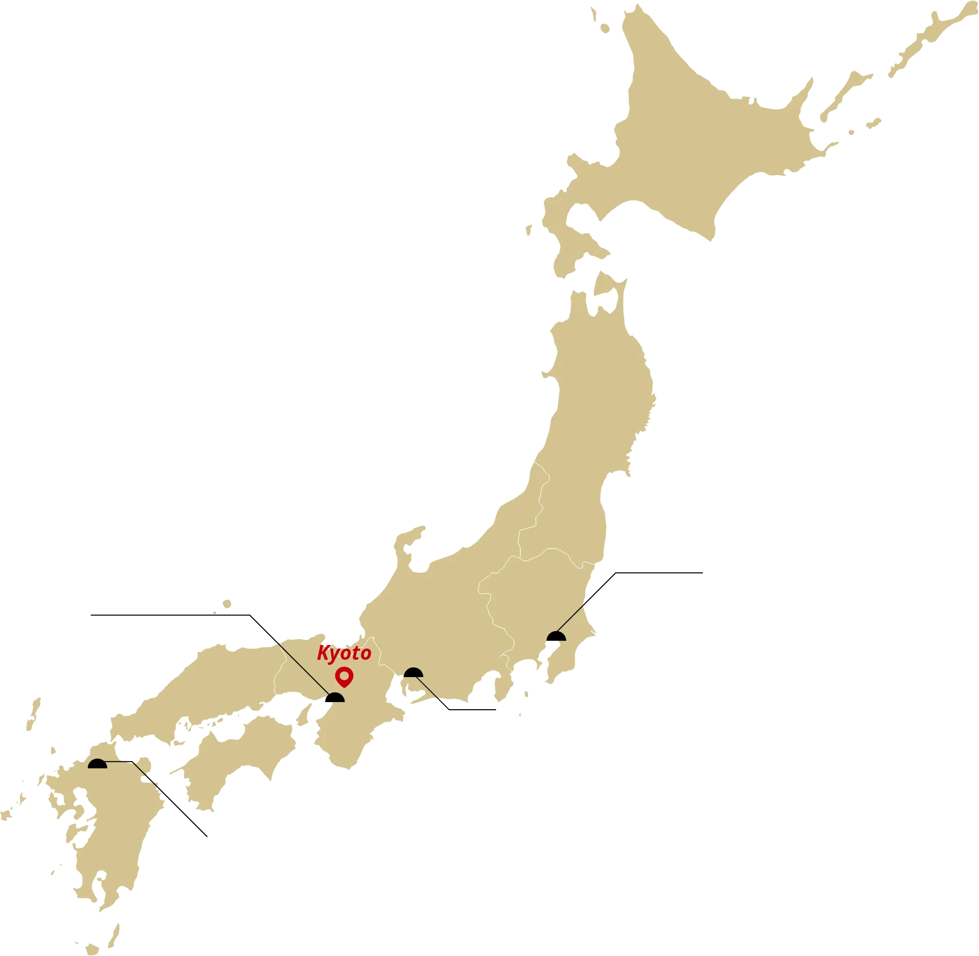 日本地圖，其中京都的位置以紅色文字和圖標標記